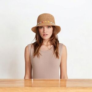 NEW Steve Madden Packable Floral Beaded Straw Bucket Hat